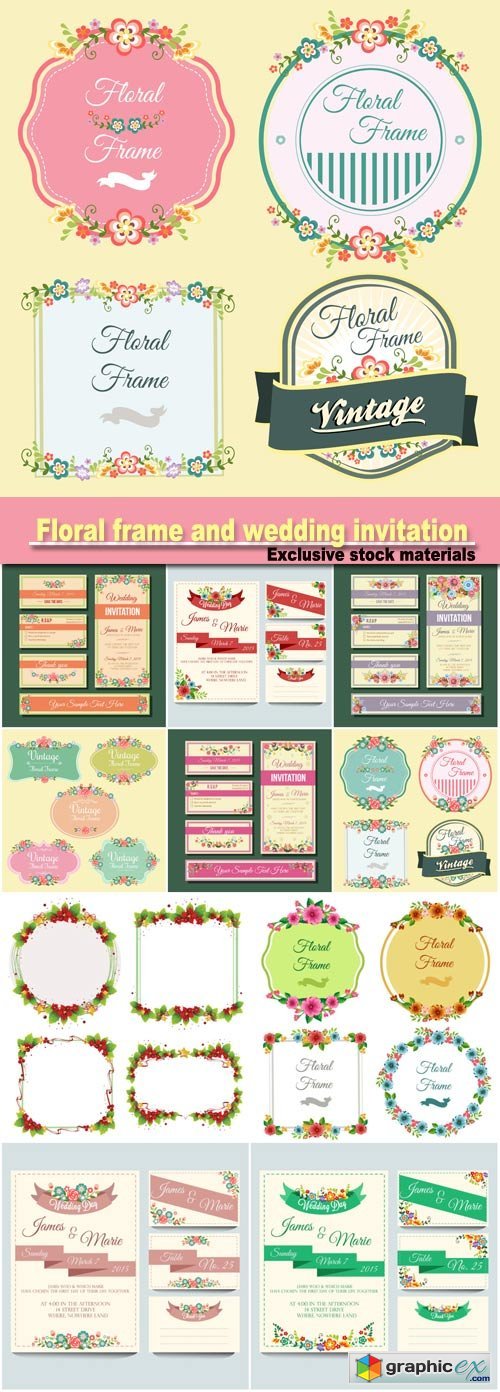 Floral frame and wedding invitation