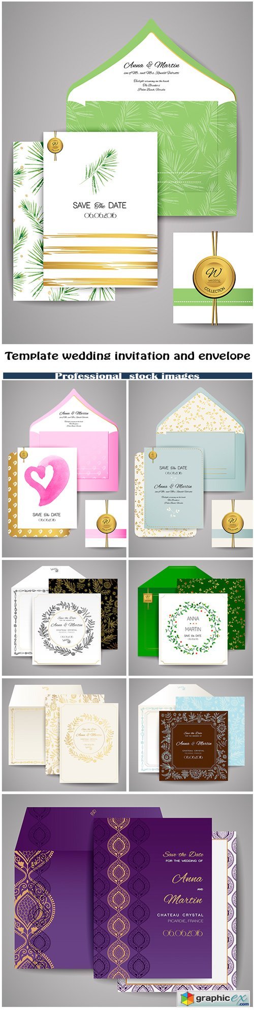 Template wedding invitation and envelope