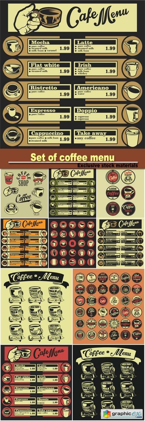 Set of coffee menu with a cups of coffee drinks illustrations
