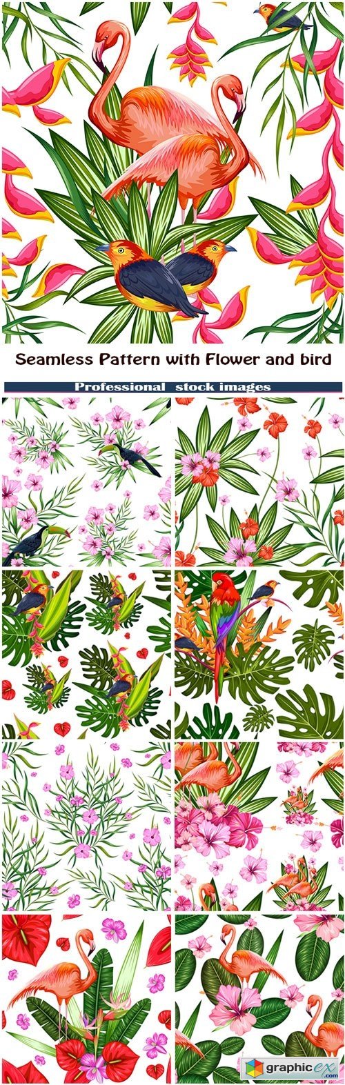 Seamless Pattern with Exotic Tropical Flower and colorful bird