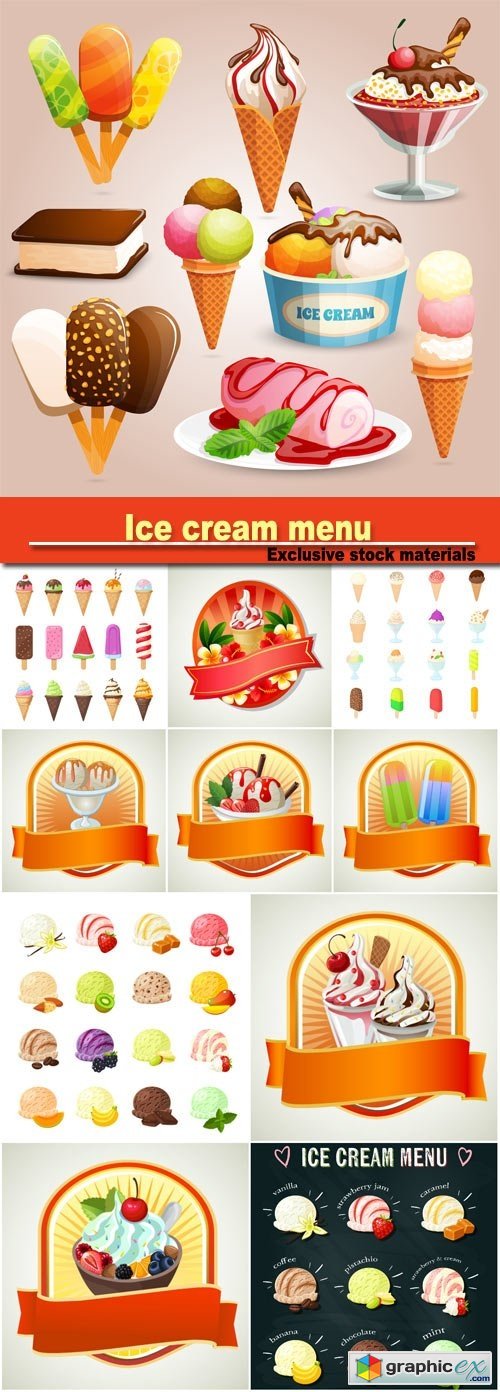 Ice cream menu, labels summer vector