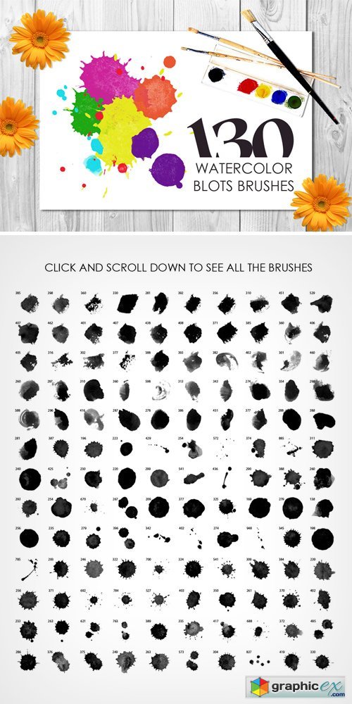 130 Watercolor Blots Brushes