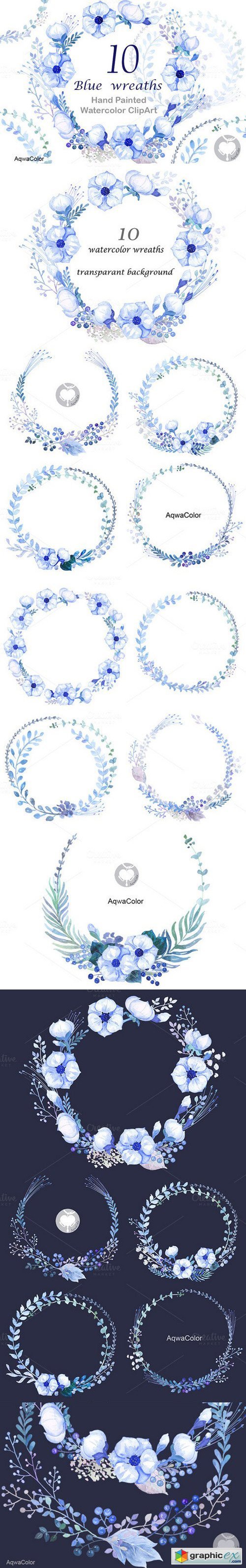 Watercolour clipart Blue Wreaths
