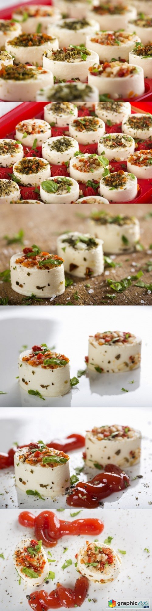 Appetizers with cheese and various ingredients