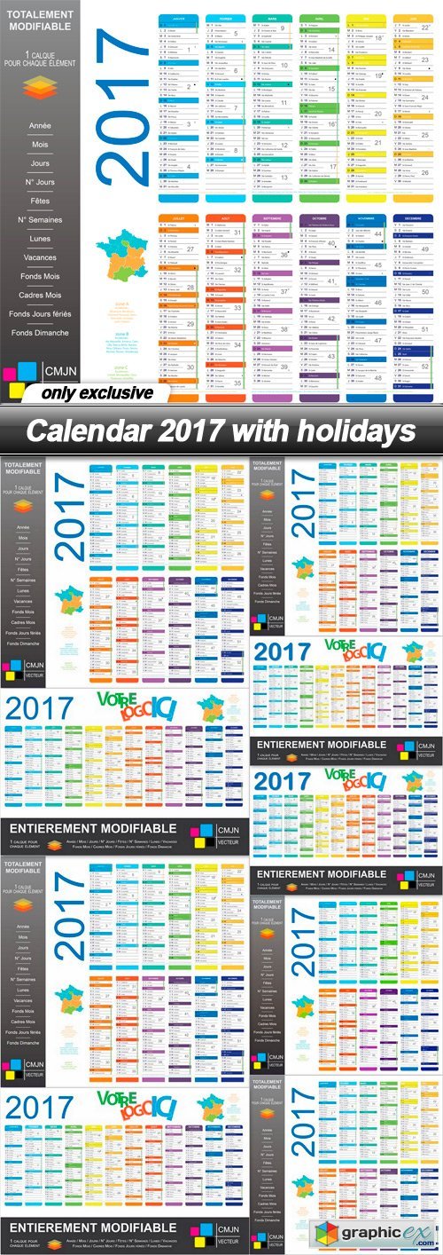 Calendar 2017 with holidays - 9 EPS