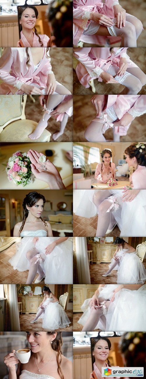 Beauty bride in dressing gown is wearing bridal garter indoors