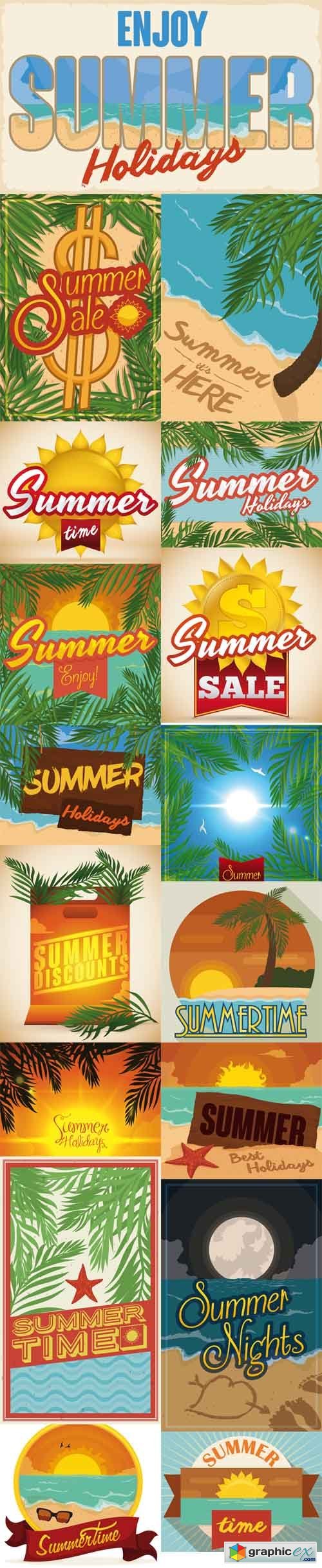 Summertime Banners on Beach and Palm Trees