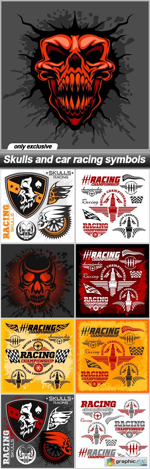Skulls and car racing symbols - 9 EPS