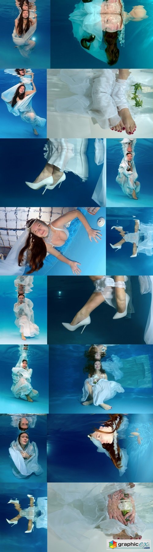 Bride's hands and feet, flowers, underwater wedding in pool