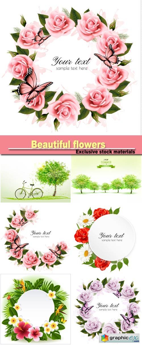 Holiday background with beautiful flowers and pink butterflies