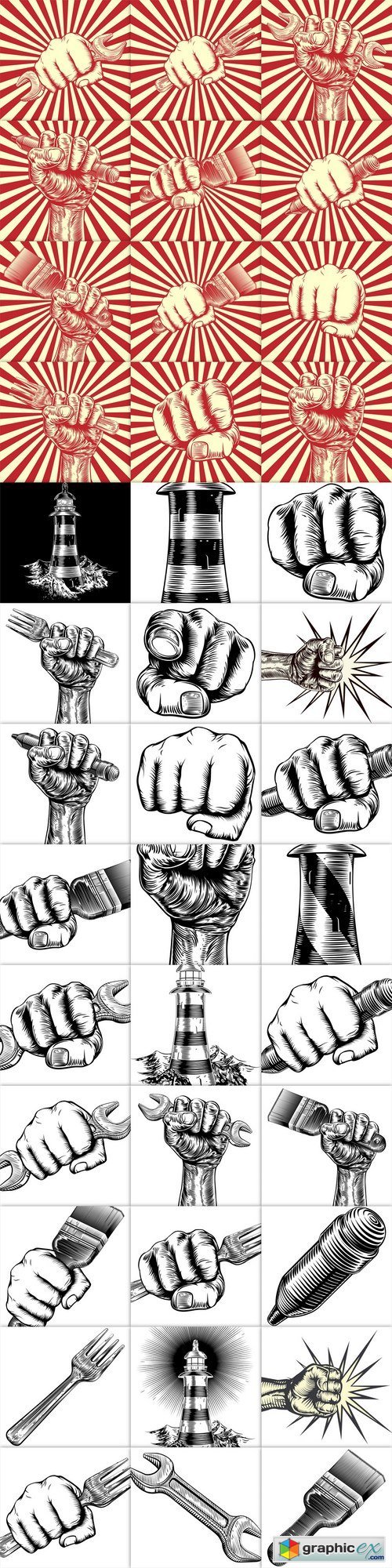 Propaganda Woodcut Fist Hand Holding Pencil