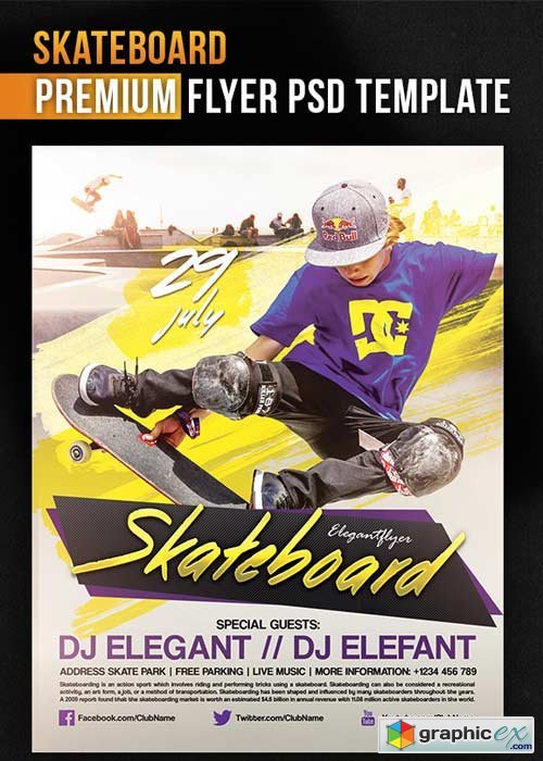 Skateboard V1 Flyer PSD Template + Facebook Cover