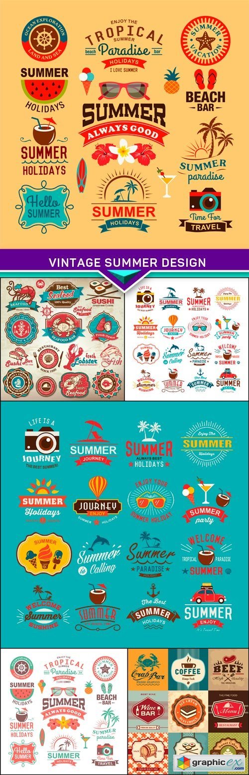 Vintage summer design and typography design with labels 6x EPS