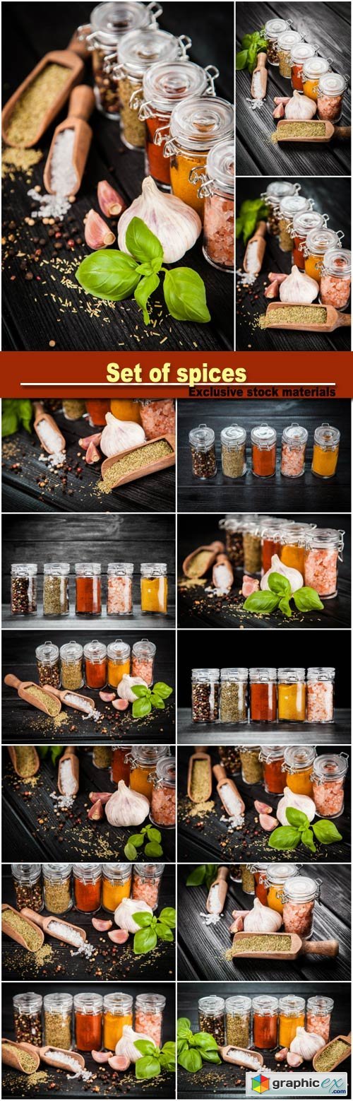 Set of spices on a wooden background