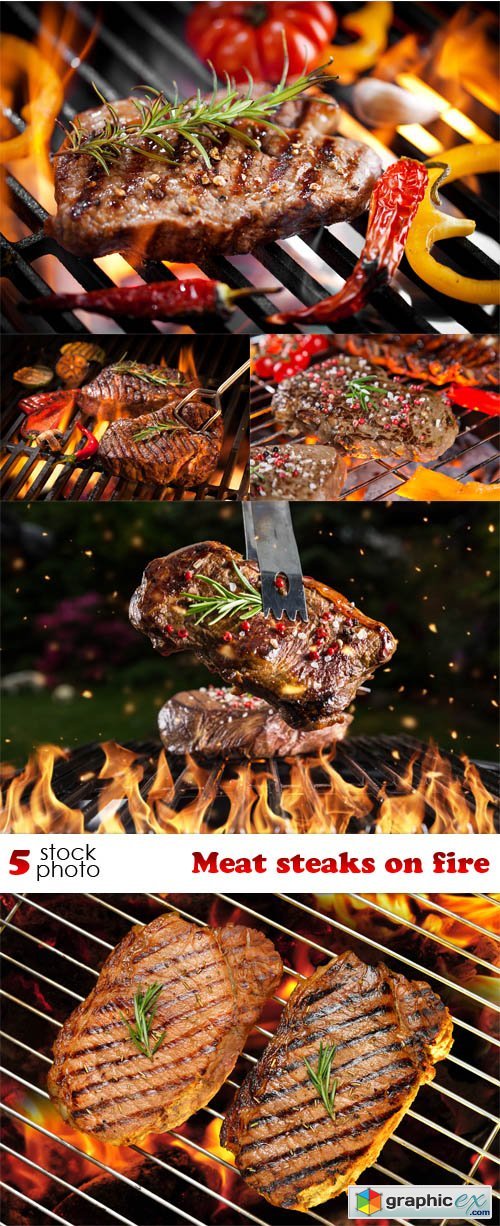 Photos - Meat steaks on fire