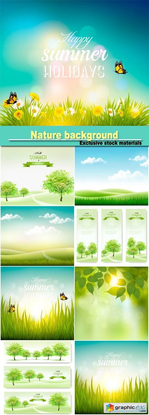 Nature background with green grass and blue sky