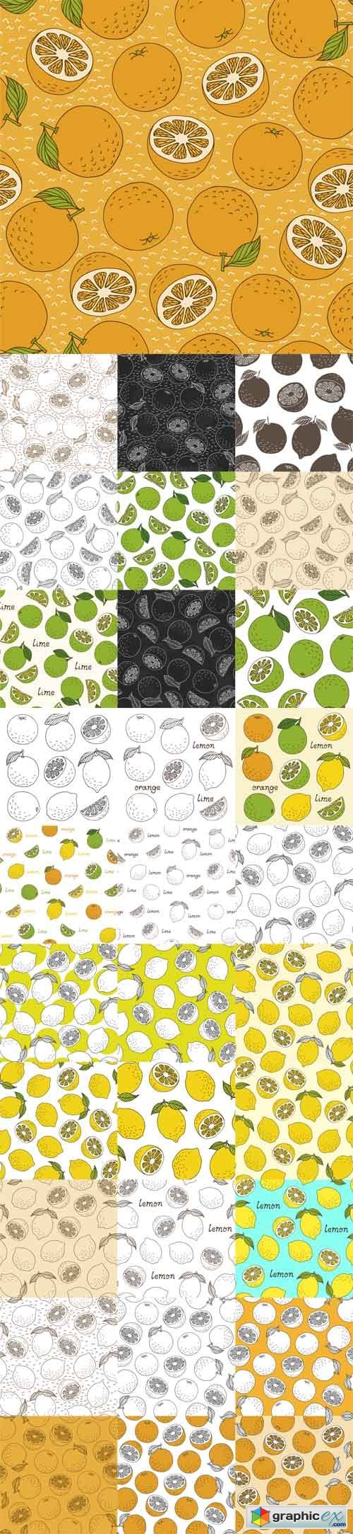 Lemon, Orange and Lime Seamless Patterns