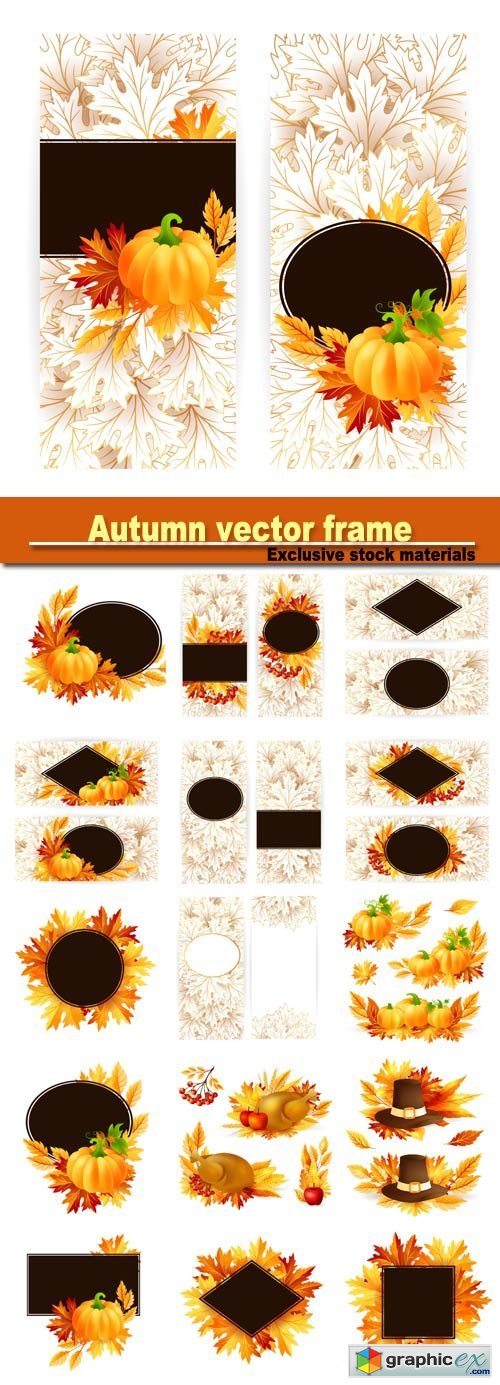 Autumn vector frame with leaves and mountain ash, pumpkin