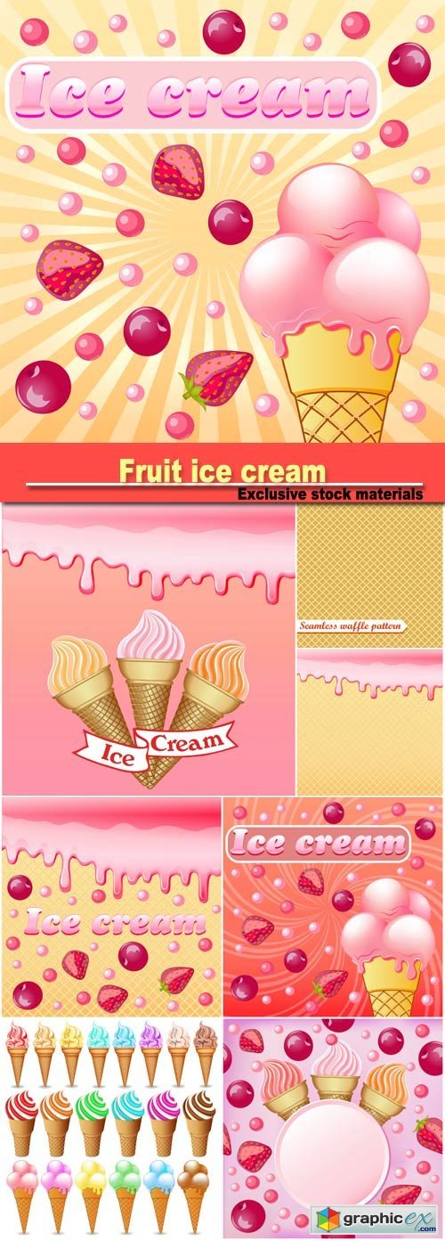 Illustration background with the influx of strawberry cream and with a set of fruit ice cream with a ribbon