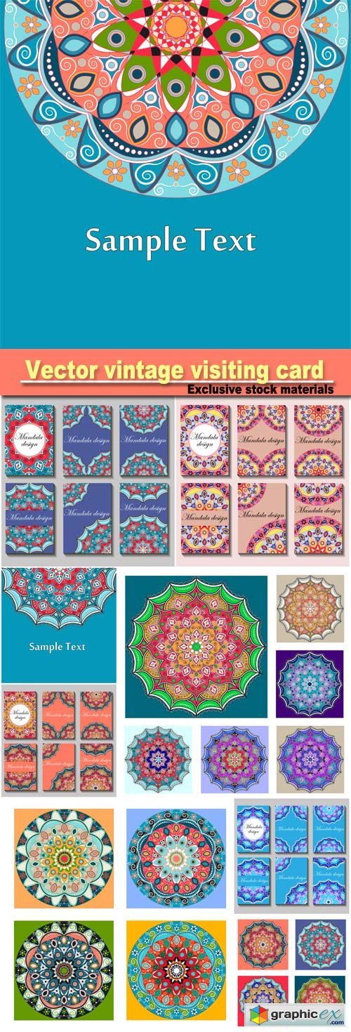 Vintage visiting card set, floral mandala pattern and ornaments