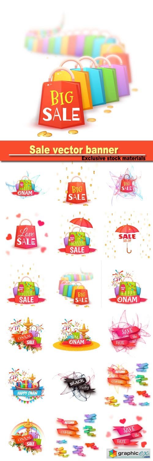 Sale banner with color packet and coins, vector illustration