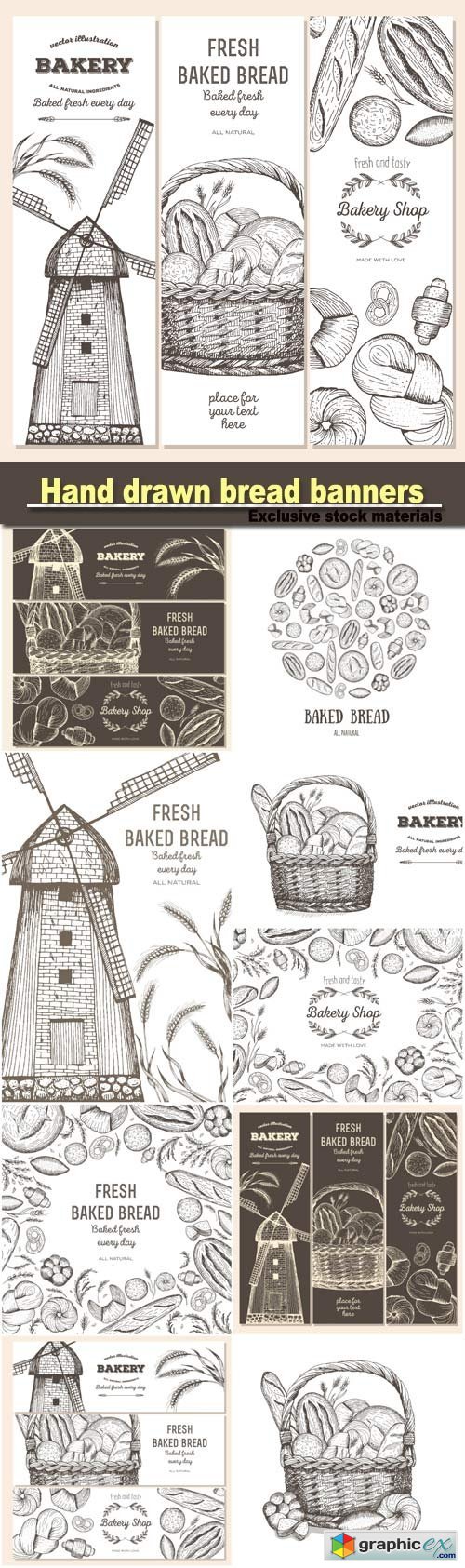 Hand drawn bread horizontal banners, vector illustration in sketch style