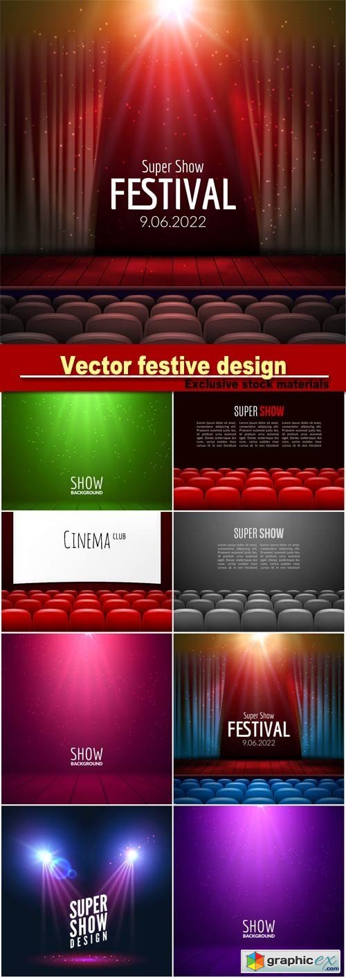 Festive design with lights and wooden scene and seats, poster for concert, party