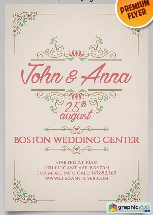Vintage Wedding Invitation Flyer PSD Template + Facebook Cover