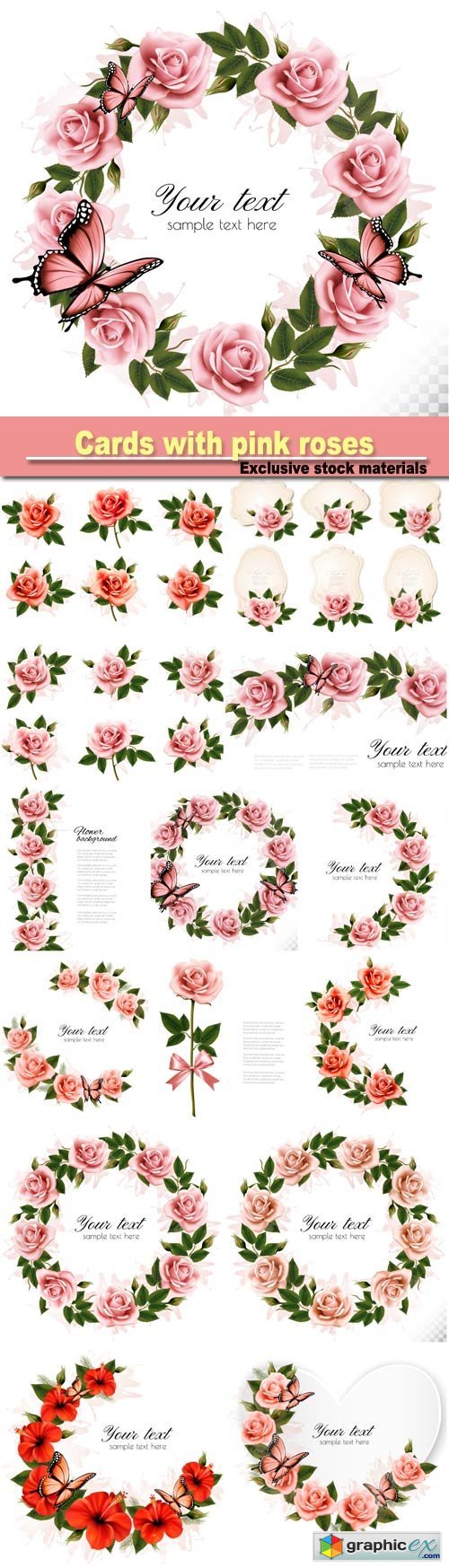 Collection of retro greeting cards with pink roses