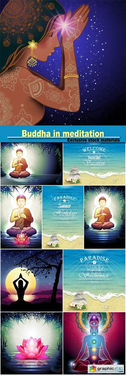 Buddha in meditation with lotus flower, beautiful woman