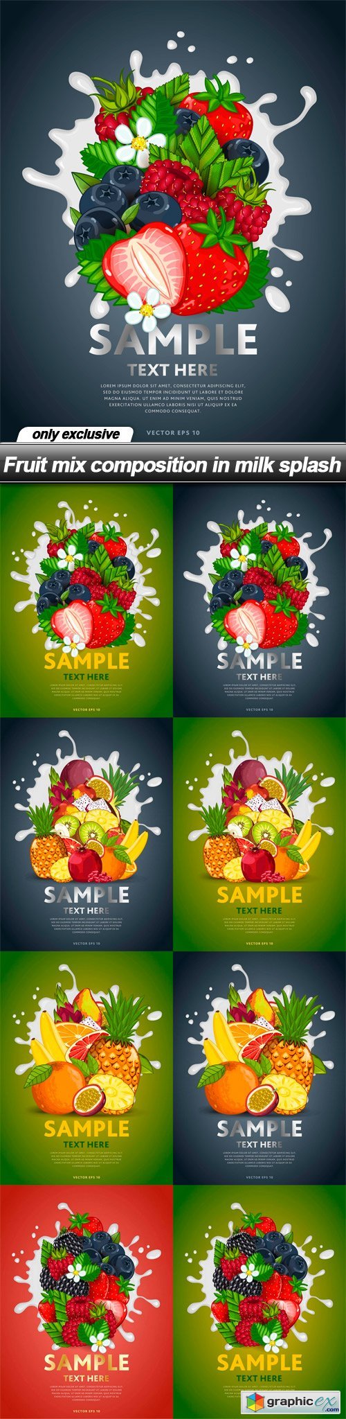 Fruit mix composition in milk splash - 8 EPS