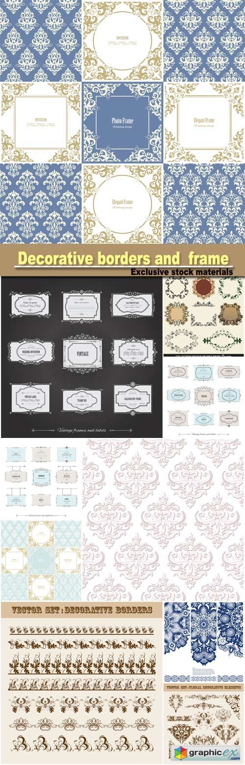 Set of floral decorative borders and frame