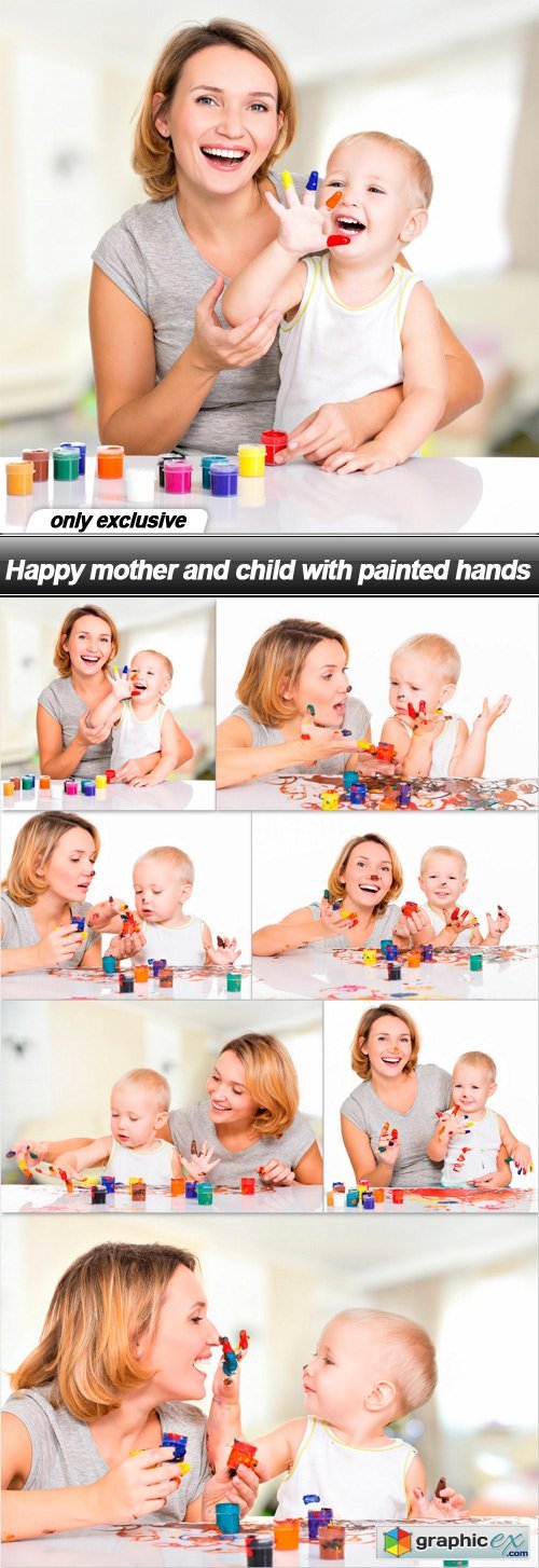 Happy mother and child with painted hands - 8 UHQ JPEG