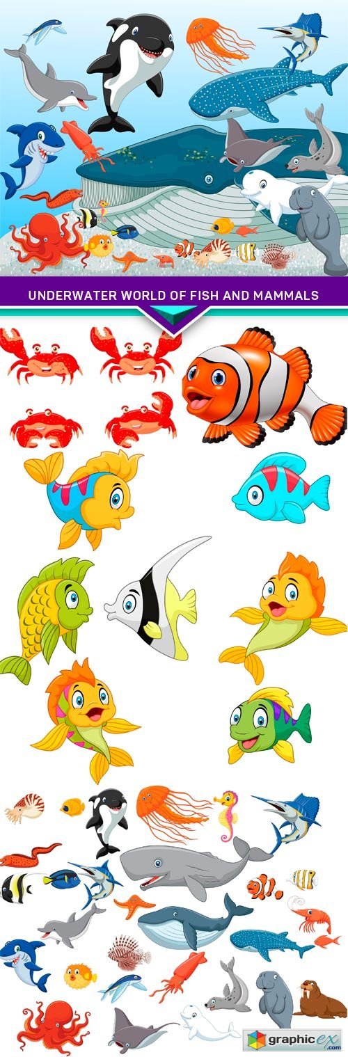 Underwater world of fish and mammals 5X EPS