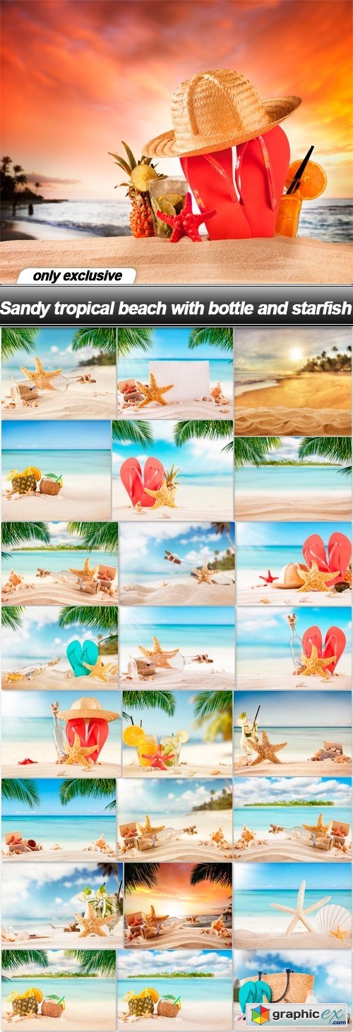 Sandy tropical beach with bottle and starfish - 25 UHQ JPEG