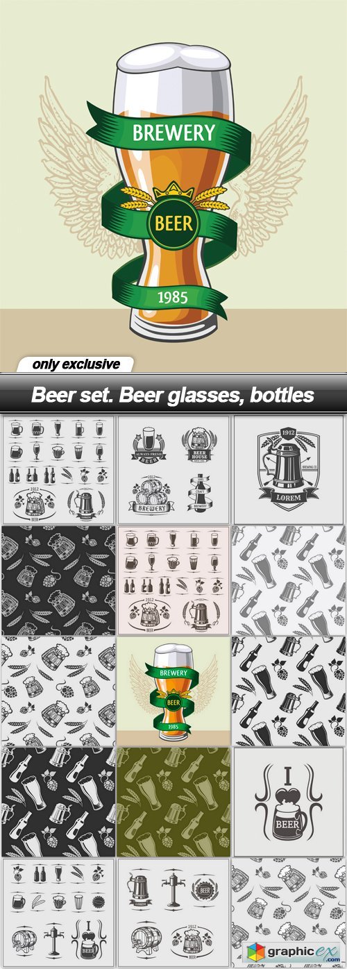Beer set. Beer glasses, bottles - 15 EPS