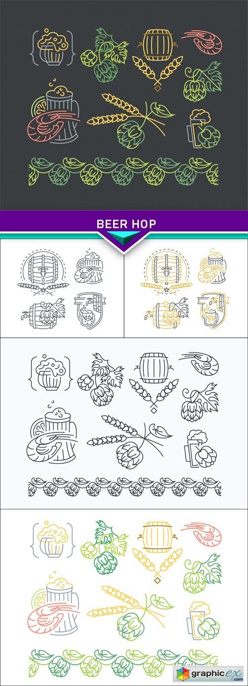 Beer, hop mono line elements for menu, package, design 5X EPS