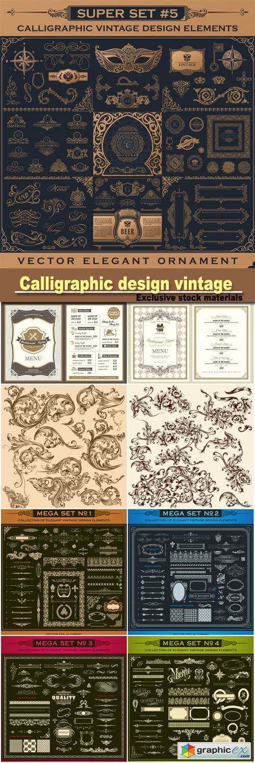 Calligraphic design vintage gold elements, logo set, border frame, menu card, invitations, labels
