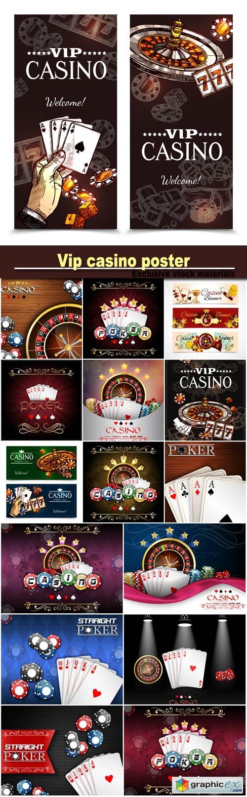 Vip casino poster with roulette wheel cards for poker play chips dice