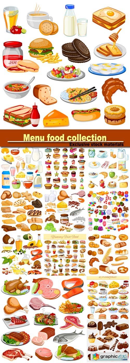 Breakfast menu food collection, candy, dairy product, meat product