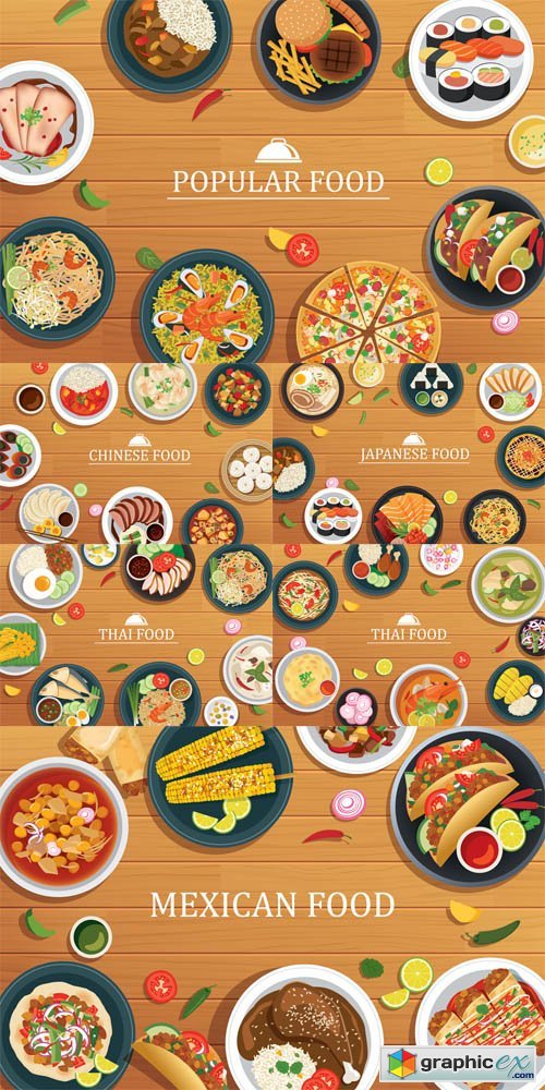 Popular Food on a Wooden Background