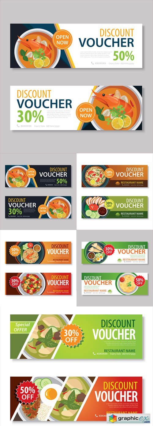 Discount Voucher Template with Thai Food Flat Design