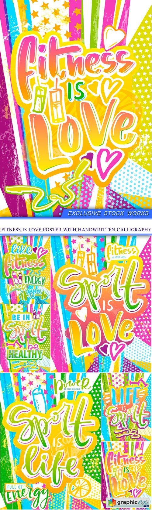 Fitness is love poster with handwritten calligraphy 6X EPS