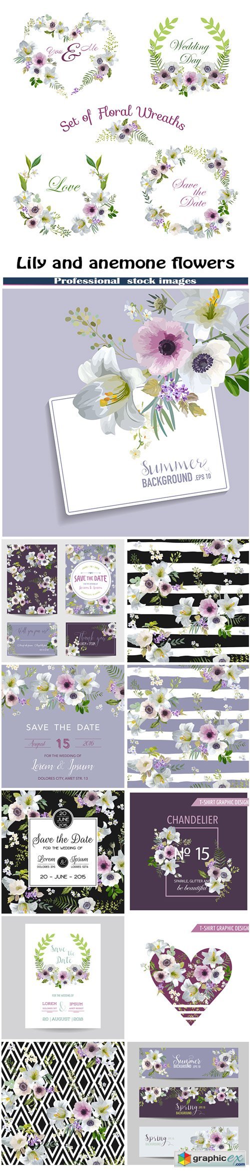 Vintage lily and anemone flowers background