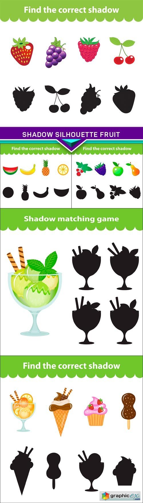 Children's educational game, shadow silhouette fruit 5X EPS