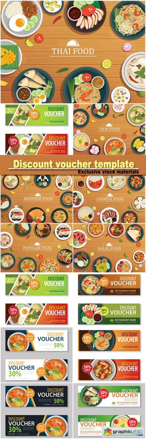 Discount voucher template and various food on wooden background