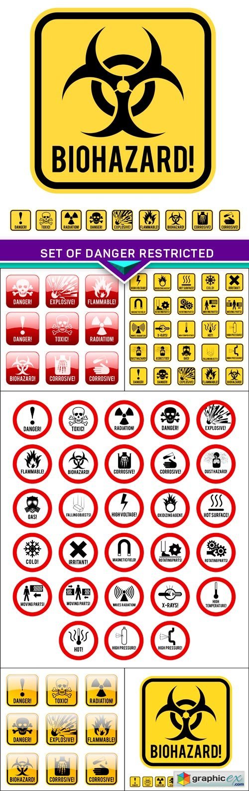 Set of danger restricted and hazards signs icon 5X EPS