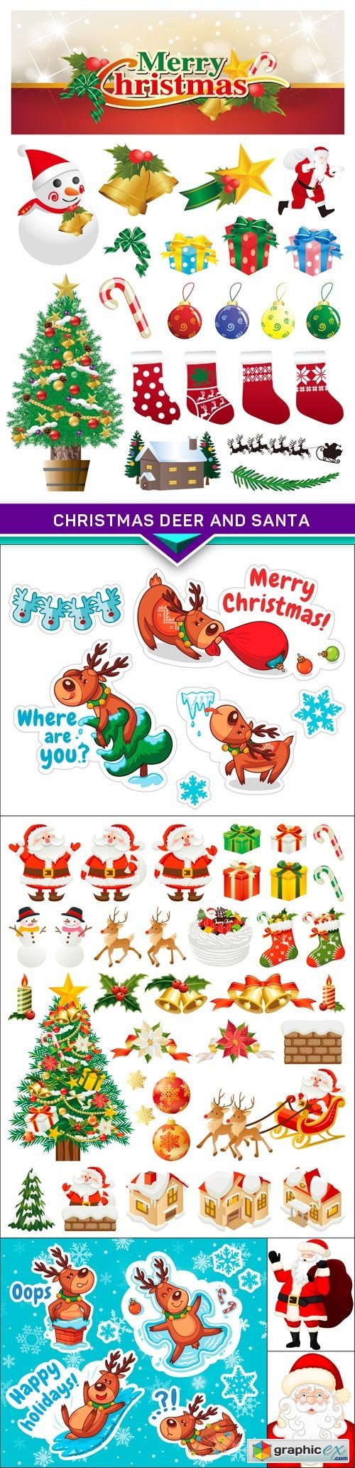 Christmas sticker with cartoon deer and Santa 6X EPS