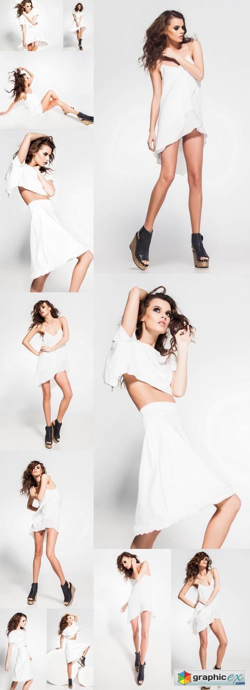 Beautiful Woman Model Posing in White Dress