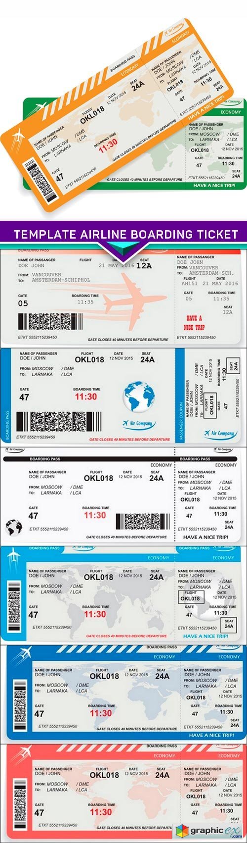 Travel concept, template airline boarding ticket 6X EPS